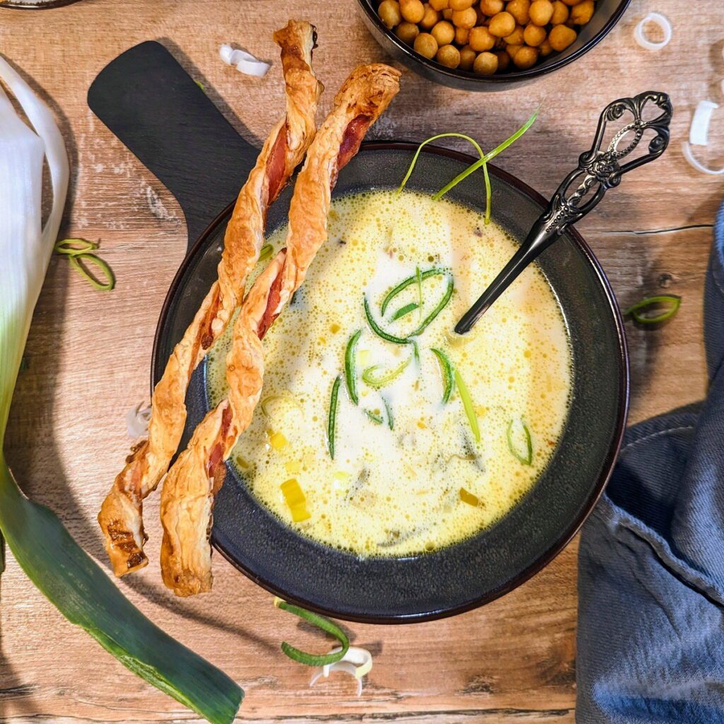 Eine dampfende Schüssel mit cremiger Käse-Lauch-Suppe, garniert mit knusprigen Baconspiralen und einem Hauch von geriebener Muskatnuss, auf einem rustikalen Holztisch serviert.